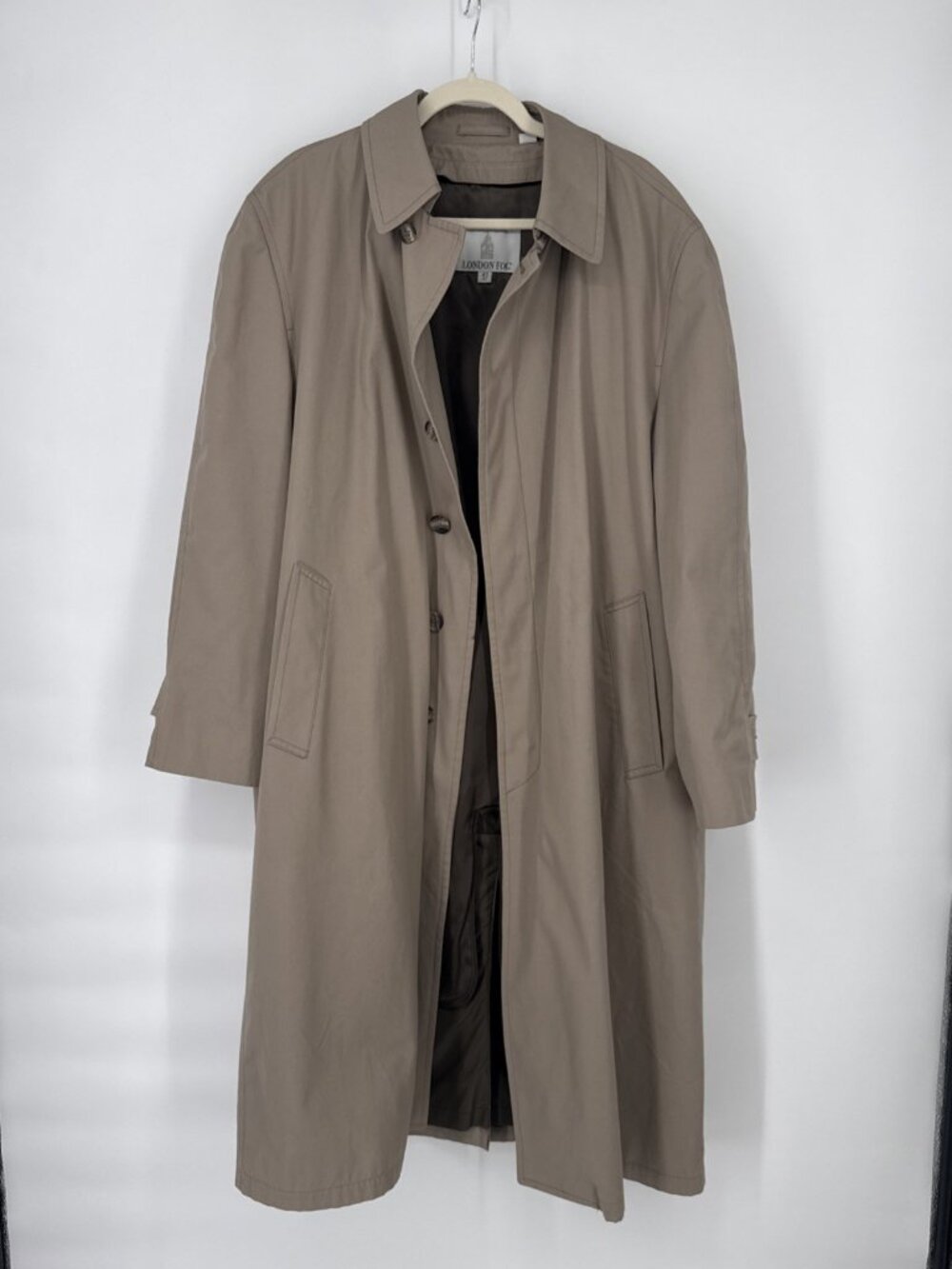 London Fog Mens Size 42 Beige Tan Trench Coat Union Made In USA Zip Out Liner